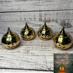 Lot of 4 Party lite Pumpkin Votive Candle Holder Gold Halloween Jack-O-Lantern